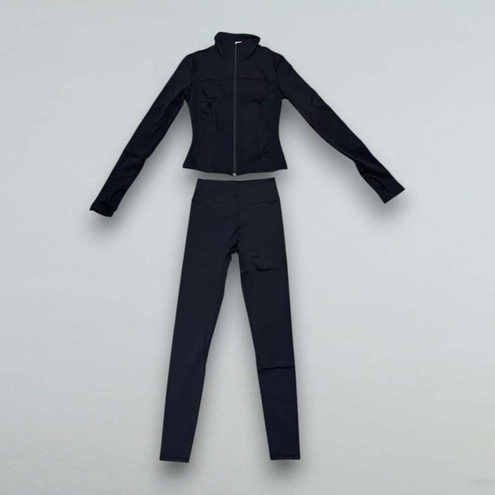 Black Matching 2 Piece Athleisure Set Jacket Scrunch Leggings Gym Activewear